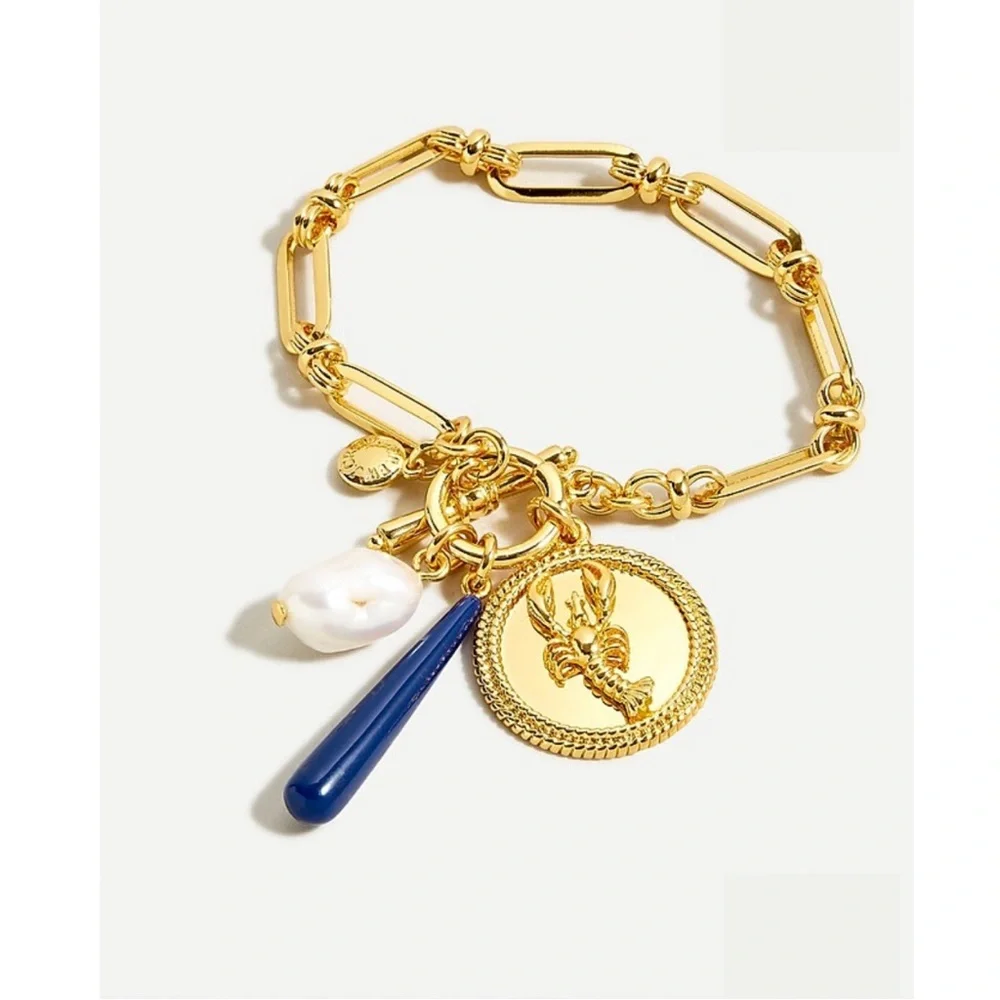 NWOT J. Crew Gold Plated Lobster Charm Bracelet w/ Saltwater Pearl 7-Inch
